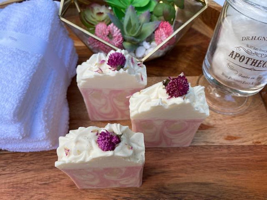 Cherry Bomb Cold Process Soap with Flower embed